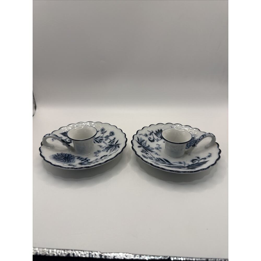 Pair Vintage Porcelain Blue Onion Chamber Candle Holder With Handle Set of 2